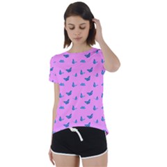 Blue Butterflies At Pastel Pink Color Background Short Sleeve Foldover Tee