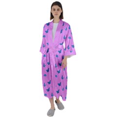 Blue Butterflies At Pastel Pink Color Background Maxi Satin Kimono