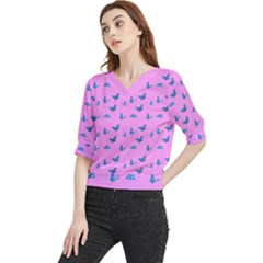 Blue Butterflies At Pastel Pink Color Background Quarter Sleeve Blouse