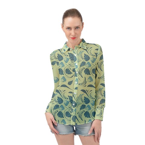 Folk Floral Pattern  Abstract Flowers Surface Design  Seamless Pattern Long Sleeve Chiffon Shirt by Eskimos