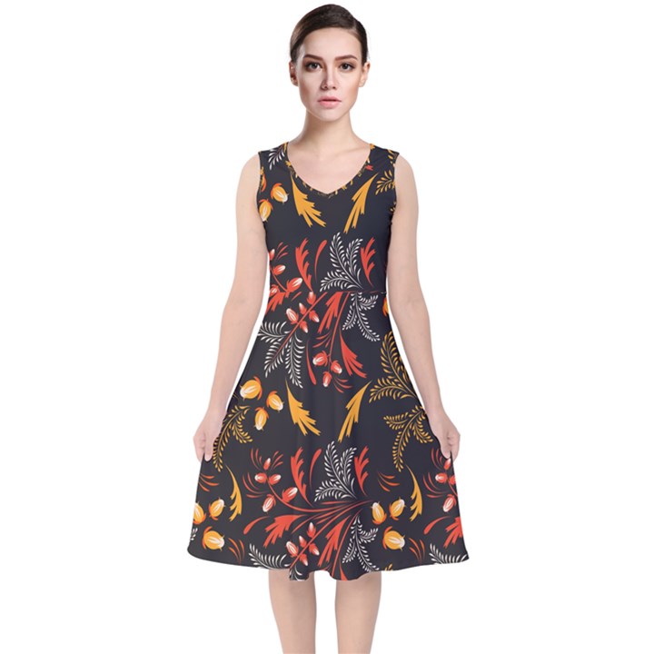 Folk floral pattern. Abstract flowers surface design. Seamless pattern V-Neck Midi Sleeveless Dress 