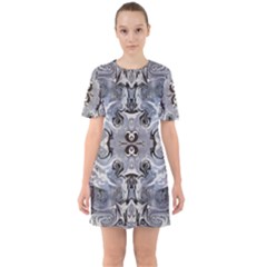 Grey Layers Marbling Sixties Short Sleeve Mini Dress by kaleidomarblingart