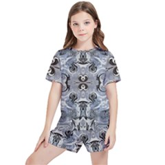 Grey Layers Marbling Kids  Tee And Sports Shorts Set by kaleidomarblingart