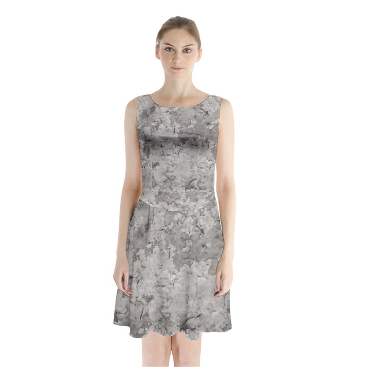 Silver Abstract Grunge Texture Print Sleeveless Waist Tie Chiffon Dress