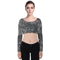 Dark Grey Abstract Grunge Texture Print Velvet Long Sleeve Crop Top by dflcprintsclothing