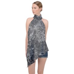 Dark Grey Abstract Grunge Texture Print Halter Asymmetric Satin Top