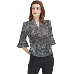 Dark Grey Abstract Grunge Texture Print Loose Horn Sleeve Chiffon Blouse