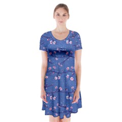 Branches With Peach Flowers Short Sleeve V-neck Flare Dress by SychEva