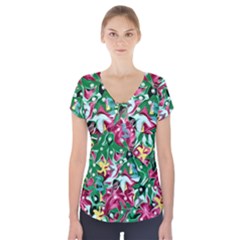 Floral-diamonte Short Sleeve Front Detail Top