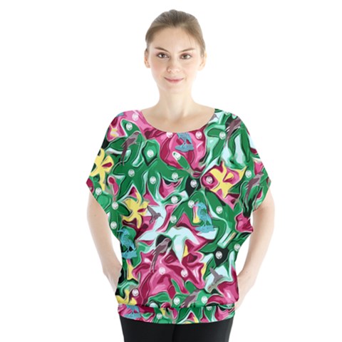 Floral-diamonte Batwing Chiffon Blouse by PollyParadise