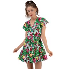 Floral-diamonte Flutter Sleeve Wrap Dress