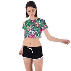 Floral-diamonte Tie Back Short Sleeve Crop Tee