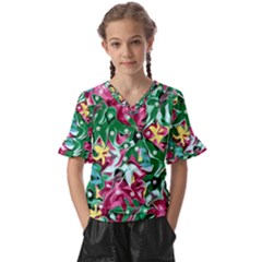 Floral-diamonte Kids  V-Neck Horn Sleeve Blouse