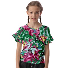 Floral-diamonte Kids  Horn Sleeve Chiffon Blouse