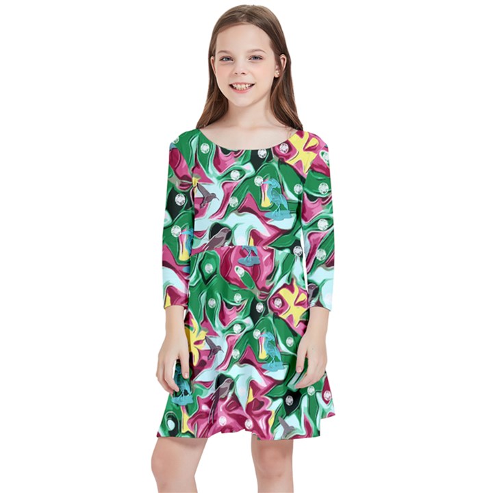 Floral-diamonte Kids  Quarter Sleeve Skater Dress