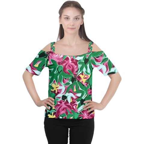 Floral-abstract Cutout Shoulder Tee by PollyParadise