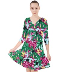 Floral-abstract Quarter Sleeve Front Wrap Dress by PollyParadise