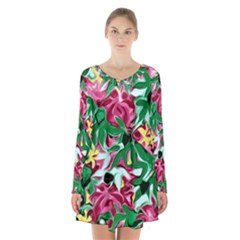 Floral-abstract Long Sleeve Velvet V-neck Dress