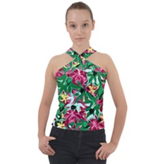 Floral-abstract Cross Neck Velour Top by PollyParadise