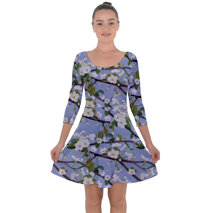 Pear Branch With Flowers Quarter Sleeve Skater Dress