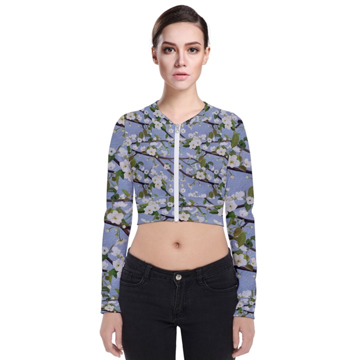 Pear Branch With Flowers Long Sleeve Zip Up Bomber Jacket