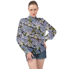 Pear Branch With Flowers High Neck Long Sleeve Chiffon Top by SychEva