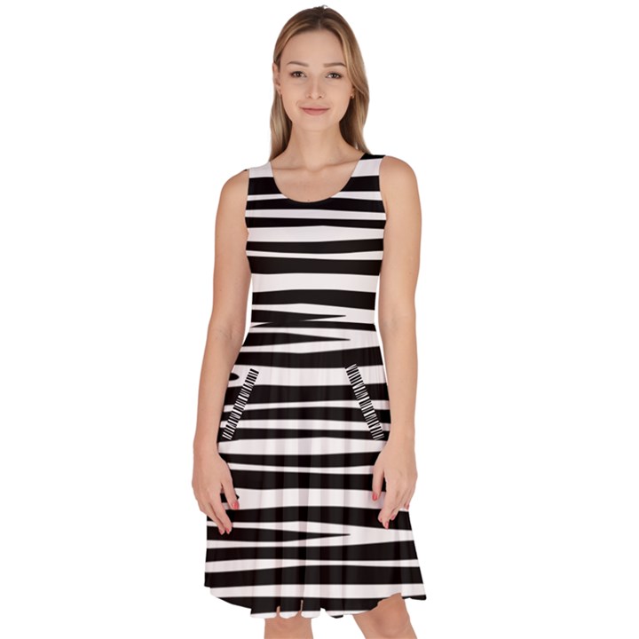 Zebra stripes, black and white asymmetric lines, wildlife pattern Knee Length Skater Dress With Pockets