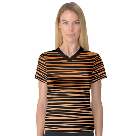 Tiger Stripes, Black And Orange, Asymmetric Lines, Wildlife Pattern V-neck Sport Mesh Tee by Casemiro