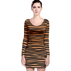 Tiger Stripes, Black And Orange, Asymmetric Lines, Wildlife Pattern Long Sleeve Velvet Bodycon Dress by Casemiro