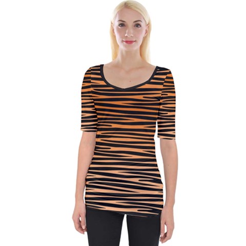 Tiger Stripes, Black And Orange, Asymmetric Lines, Wildlife Pattern Wide Neckline Tee by Casemiro