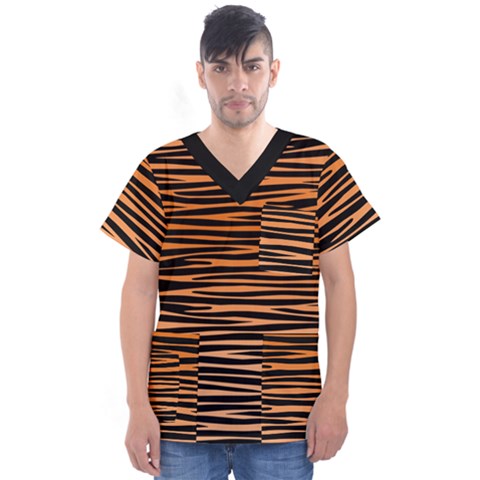 Tiger Stripes, Black And Orange, Asymmetric Lines, Wildlife Pattern Men s V-neck Scrub Top by Casemiro