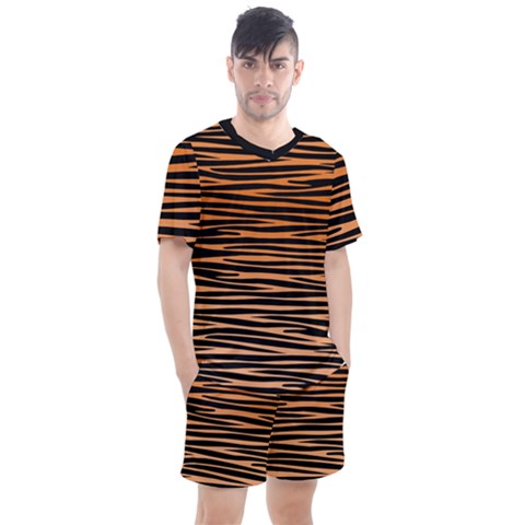 Tiger Stripes, Black And Orange, Asymmetric Lines, Wildlife Pattern Men s Mesh Tee And Shorts Set by Casemiro