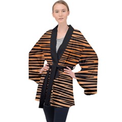 Tiger Stripes, Black And Orange, Asymmetric Lines, Wildlife Pattern Long Sleeve Velvet Kimono  by Casemiro