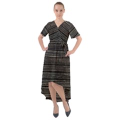 Wooden Linear Geometric Design Front Wrap High Low Dress by dflcprintsclothing