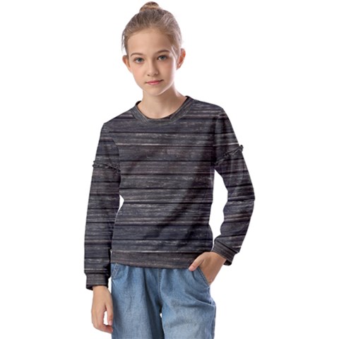 Wooden Linear Geometric Design Kids  Long Sleeve Tee With Frill  by dflcprintsclothing