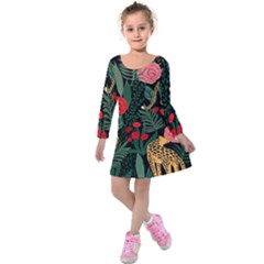 Leopardrose Kids  Long Sleeve Velvet Dress