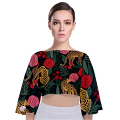 Leopardrose Tie Back Butterfly Sleeve Chiffon Top by PollyParadise