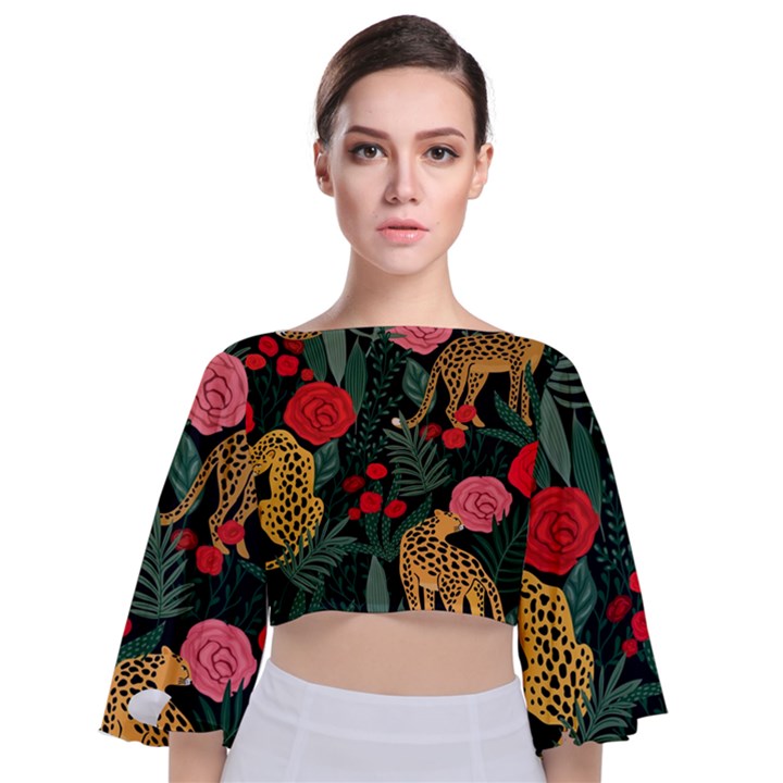 Leopardrose Tie Back Butterfly Sleeve Chiffon Top