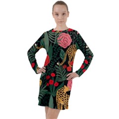 Leopardrose Long Sleeve Hoodie Dress