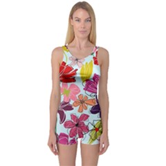 Flower Pattern One Piece Boyleg Swimsuit