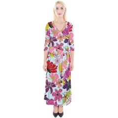 Flower Pattern Quarter Sleeve Wrap Maxi Dress