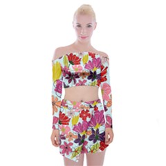 Flower Pattern Off Shoulder Top With Mini Skirt Set