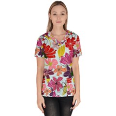 Flower Pattern Women s V-neck Scrub Top