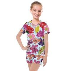 Flower Pattern Kids  Mesh Tee And Shorts Set