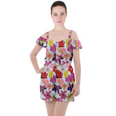 Flower Pattern Ruffle Cut Out Chiffon Playsuit