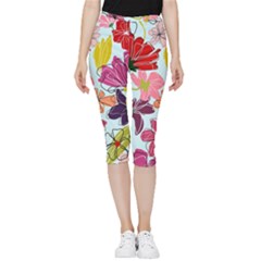 Flower Pattern Inside Out Lightweight Velour Capri Leggings  by Galinka