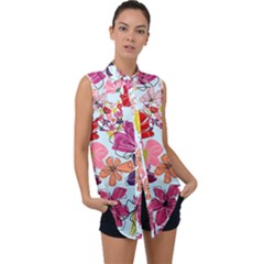 Flower Pattern Sleeveless Chiffon Button Shirt