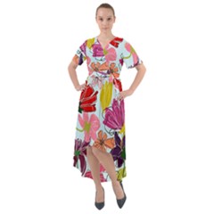 Flower Pattern Front Wrap High Low Dress