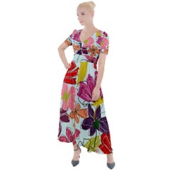 Flower Pattern Button Up Short Sleeve Maxi Dress