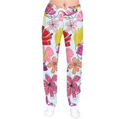 Flower Pattern Women Velvet Drawstring Pants